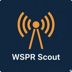 WSPR Scout launcher icon. Navy field, orange antenna, white product name.