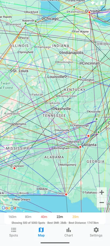 WSPR Scout map tab with short-path lines between transmitters and receivers across the eastern United States, and band filters at the bottom.