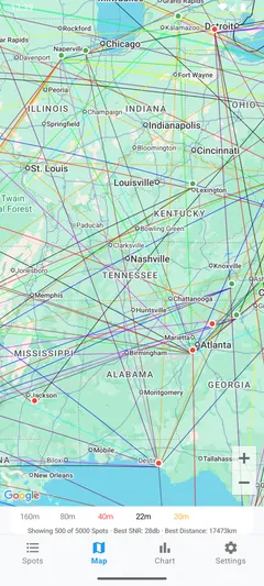 Map tab with short-path lines across the eastern United States and band filters at the bottom.