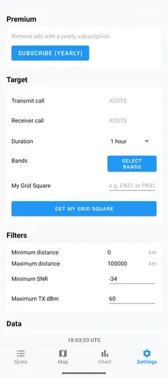 Settings screen with yearly subscribe button, AD0TS as transmit and receive callsign, and Get My Grid Square.