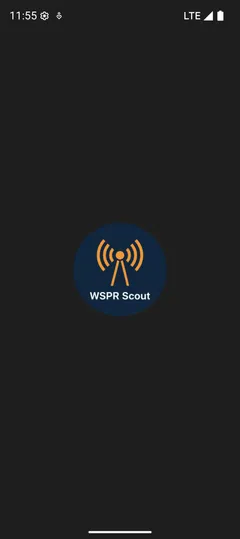WSPR Scout splash screen. Navy circle, orange antenna, white product name on a dark background.