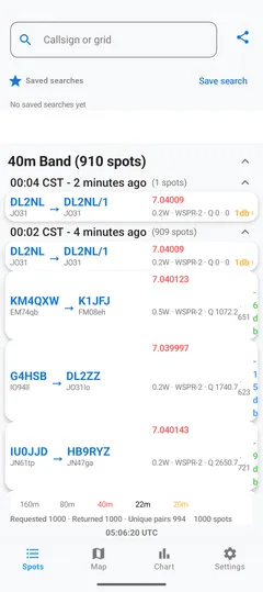 Spots list on 40 meters showing transmitter and receiver callsigns, grids, frequency, power, and SNR.